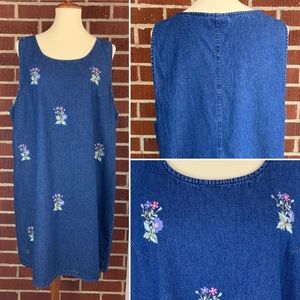 VTG Denim Jean Short Dress with Flower Embroidery